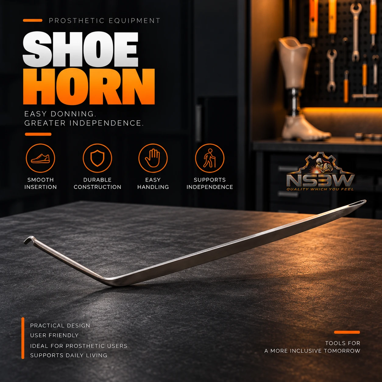 NSEW long shoe horn for footwear donning assistance