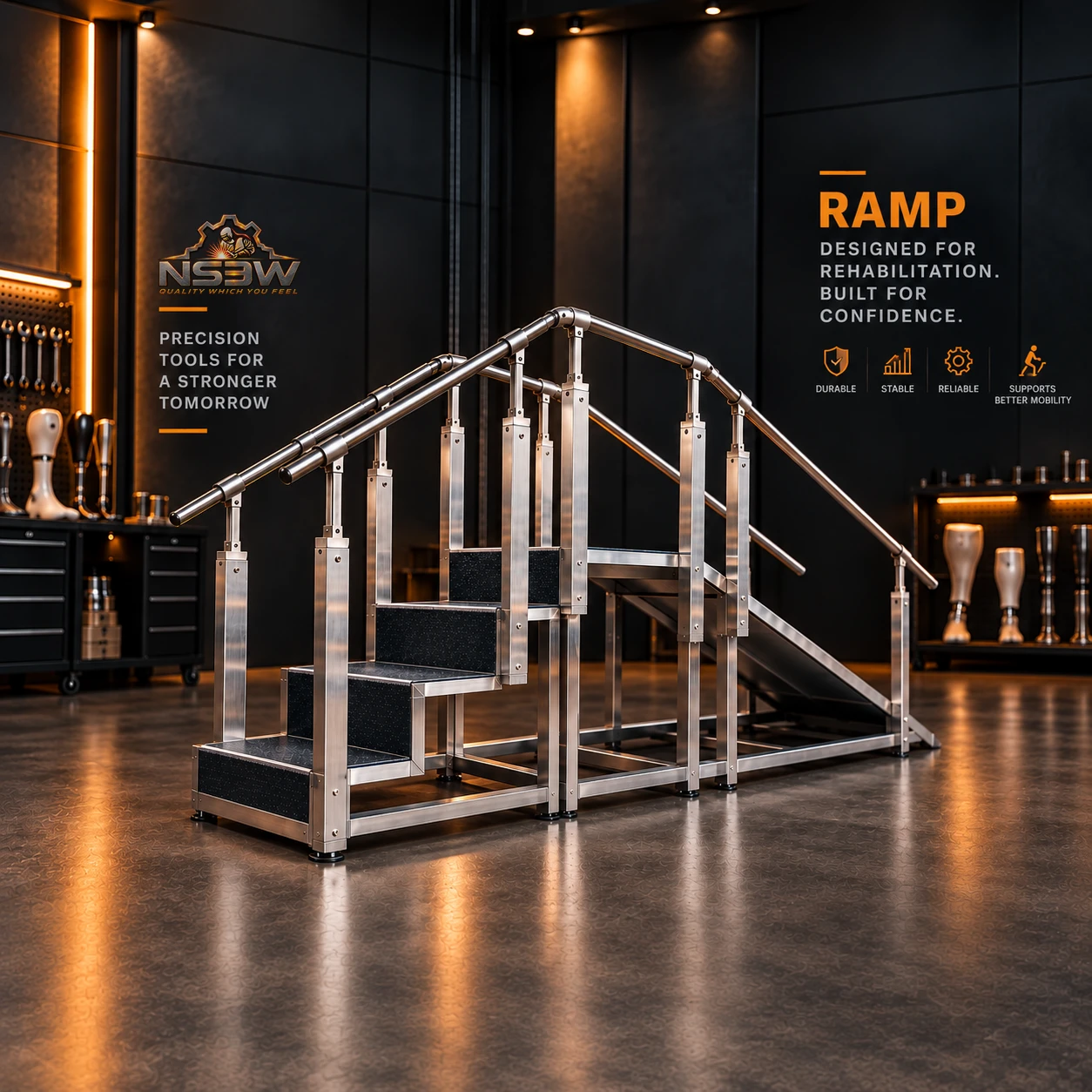 NSEW rehabilitation training ramp with steps and handrails